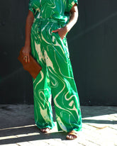 Tropical Paradise Satin Printed Pocketed Pants - Green